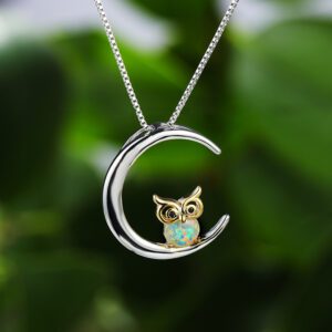 Womens Owl on the Moon Necklace